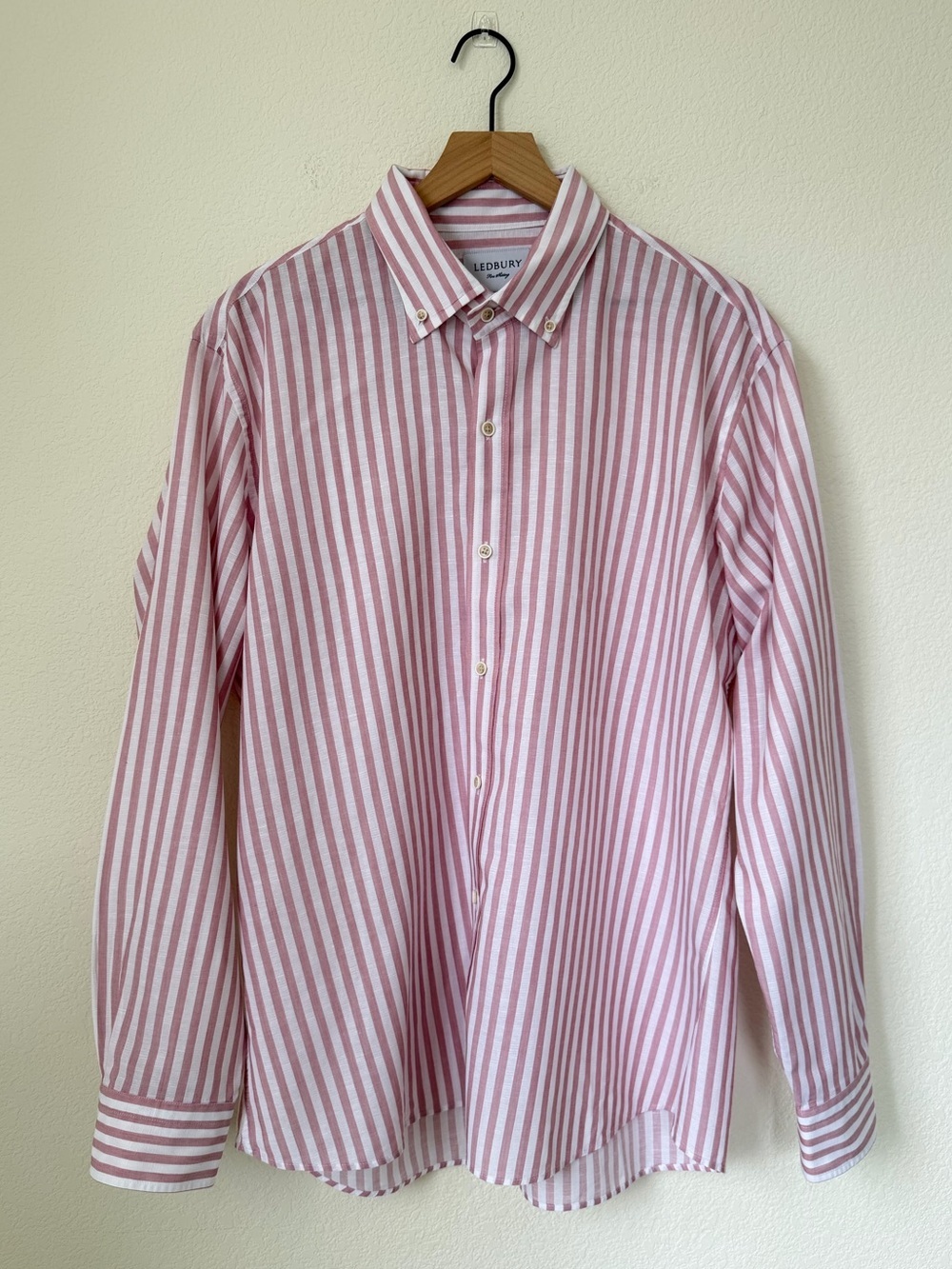 Ledbury Linen Blend Pink White Stripe Button Down Shirt Tailored Fit XL 17.5